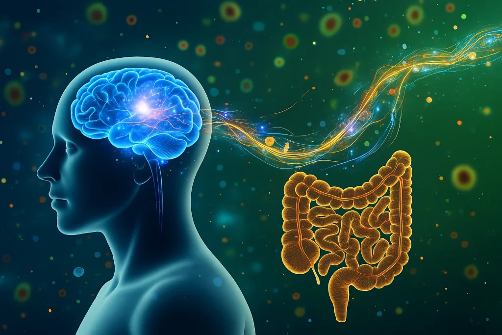 gut-brain-connection-mental-health-illustrationwebp | Many Words One Voice Illustration of the gut-brain connection and its role in mental health.