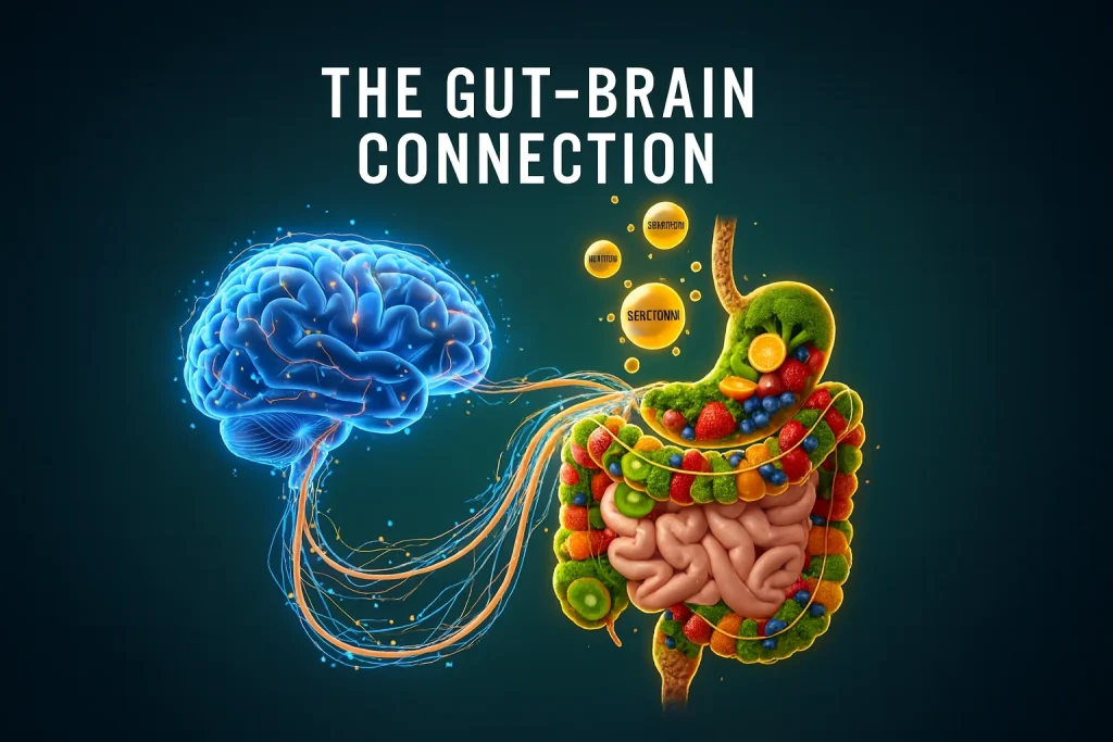Illustration showing the gut-brain connection, with a glowing brain linked to the digestive system made of fruits and vegetables, symbolizing how nutrition affects mental health, and its connection to burnout & nutrition.