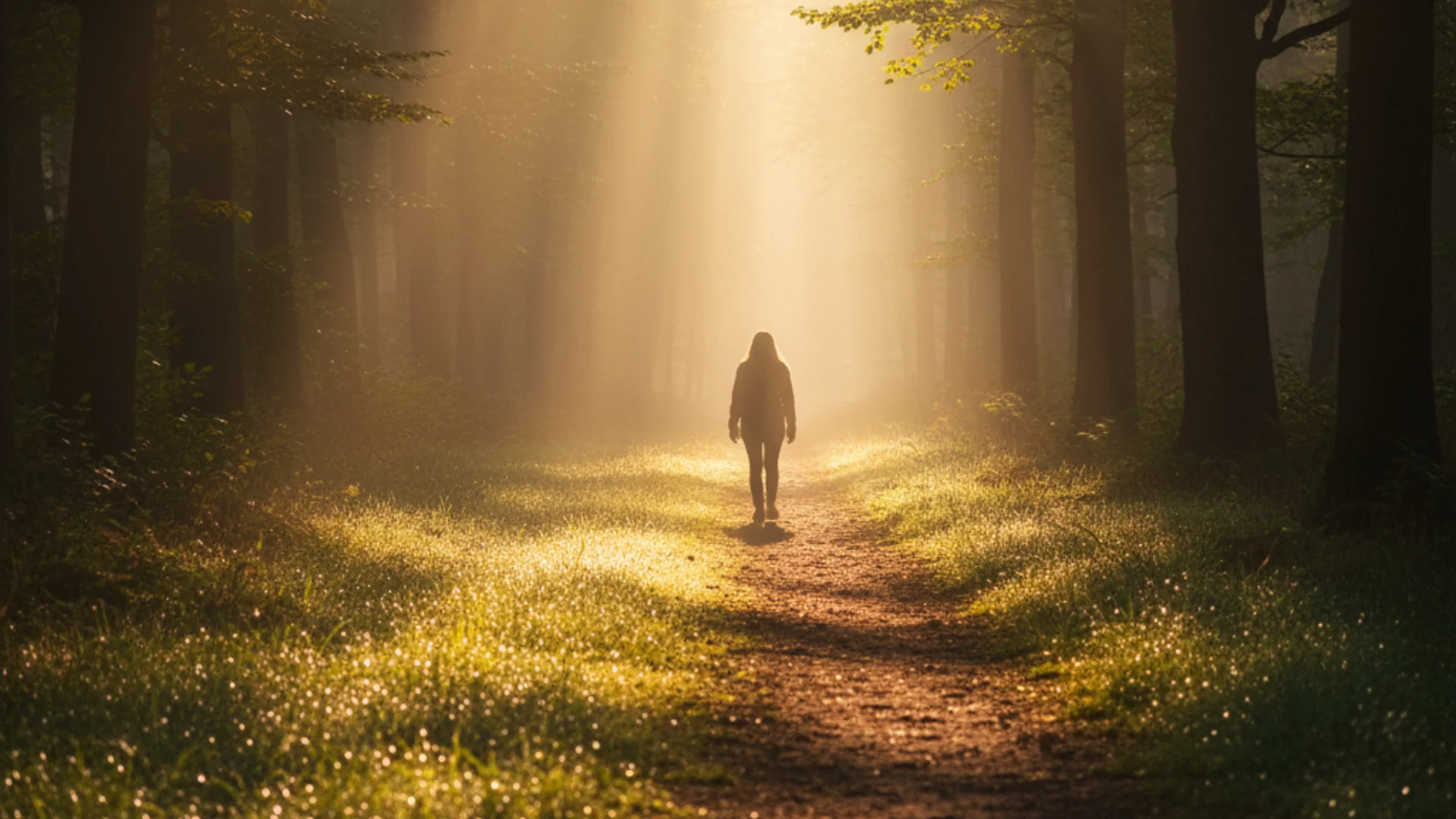 30 Minute Walk Health Benefits: Calm, Clarity & Energy | Many Words One Voice A person walking along a sunlit forest path, representing calm and mindfulness while exploring the 30 minute walk health benefits for body and mind.
