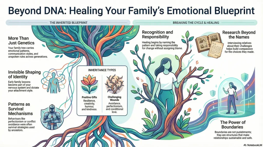 Illustration of a blood relation family tree showing emotional inheritance, including positive traits like resilience and negative patterns like avoidance passed through generations