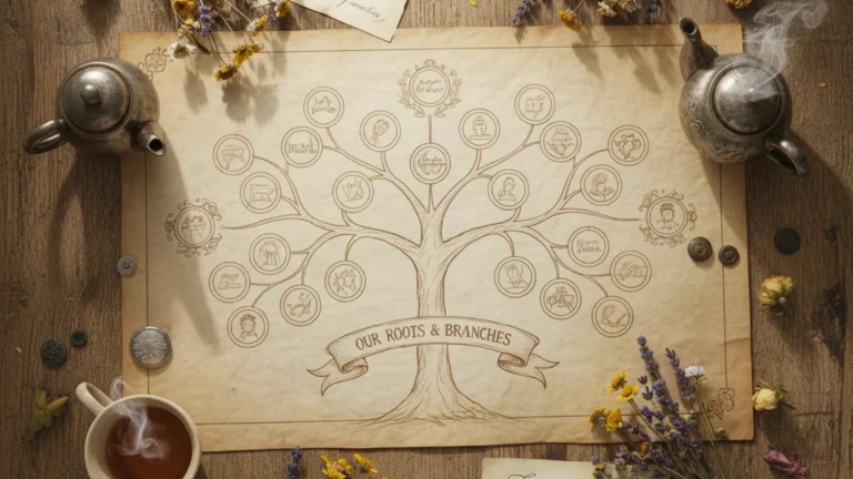 Hand-drawn family tree chart on a wooden table with tea, dried flowers, and handwritten notes, symbolizing the roots and branches of a blood relation family tree.