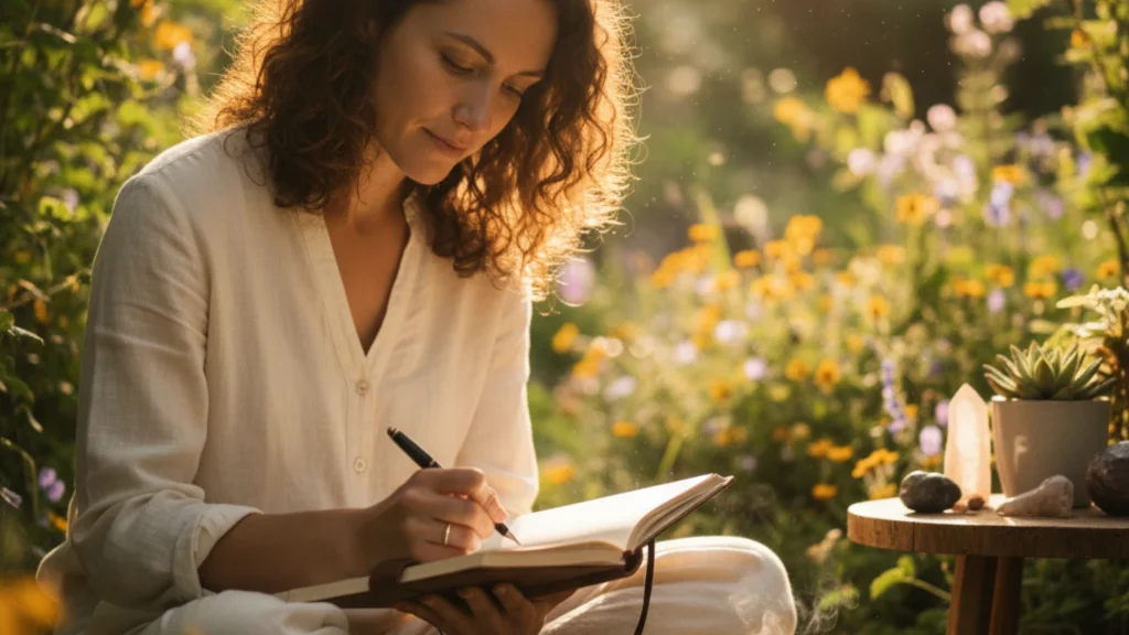 A woman journaling outdoors in gentle sunlight, reflecting on daily habits that help build self worth as a woman.