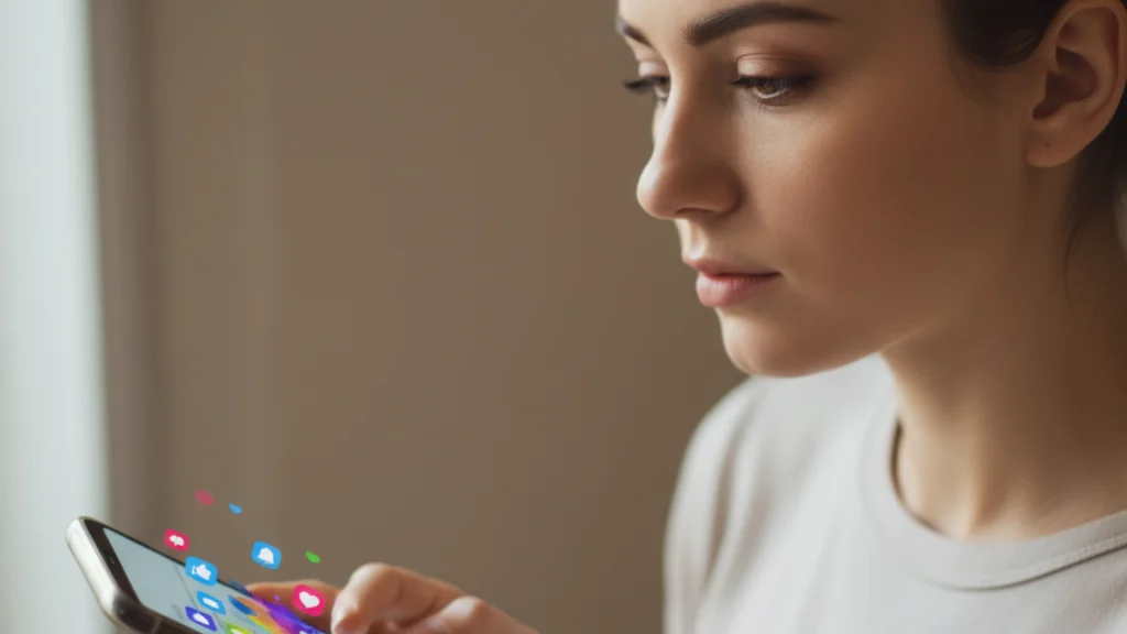 A woman scrolling her phone in soft daylight, symbolizing social media comparison and hidden triggers that affect how to build self worth as a woman.