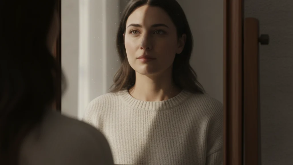 A thoughtful woman looking in a mirror, half in shadow and half in light, representing the early signs of low confidence while learning to build self-worth as a woman.