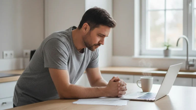 A tired man leaning on a kitchen counter while looking at his laptop, showing quiet emotional fatigue and everyday stress.