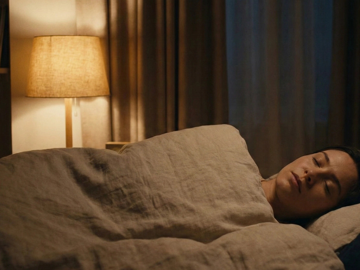 A woman sleeping peacefully under a beige blanket with a warm lamp softly glowing nearby — a visual for rest, safety, and the quiet half of wellness.