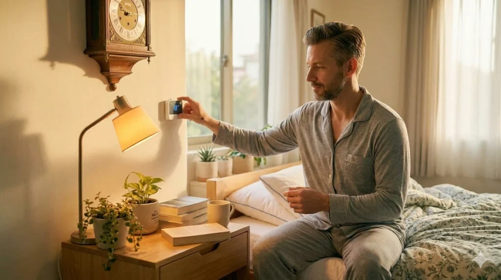 What does daylight saving time mean | Many Words One Voice A man in gray pajamas adjusts a wall thermostat in a cozy, naturally lit bedroom — setting up his sleep environment to adjust to daylight saving time.