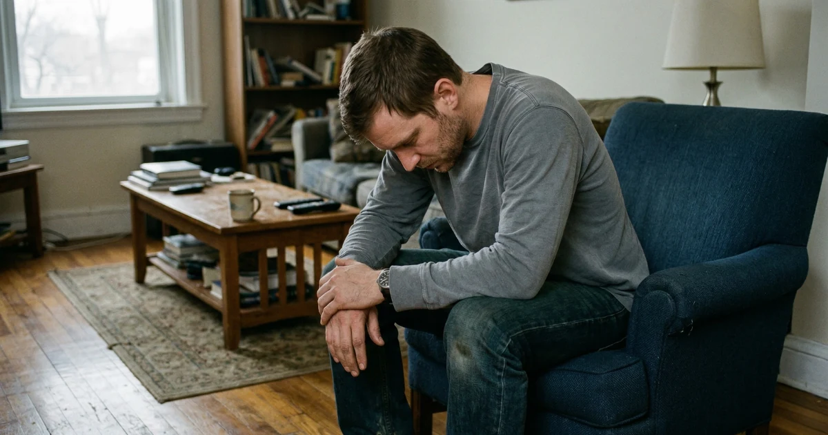 Man sitting alone in an armchair with his head bowed and elbows on his knees, illustrating the emotional weight men often carry in silence.