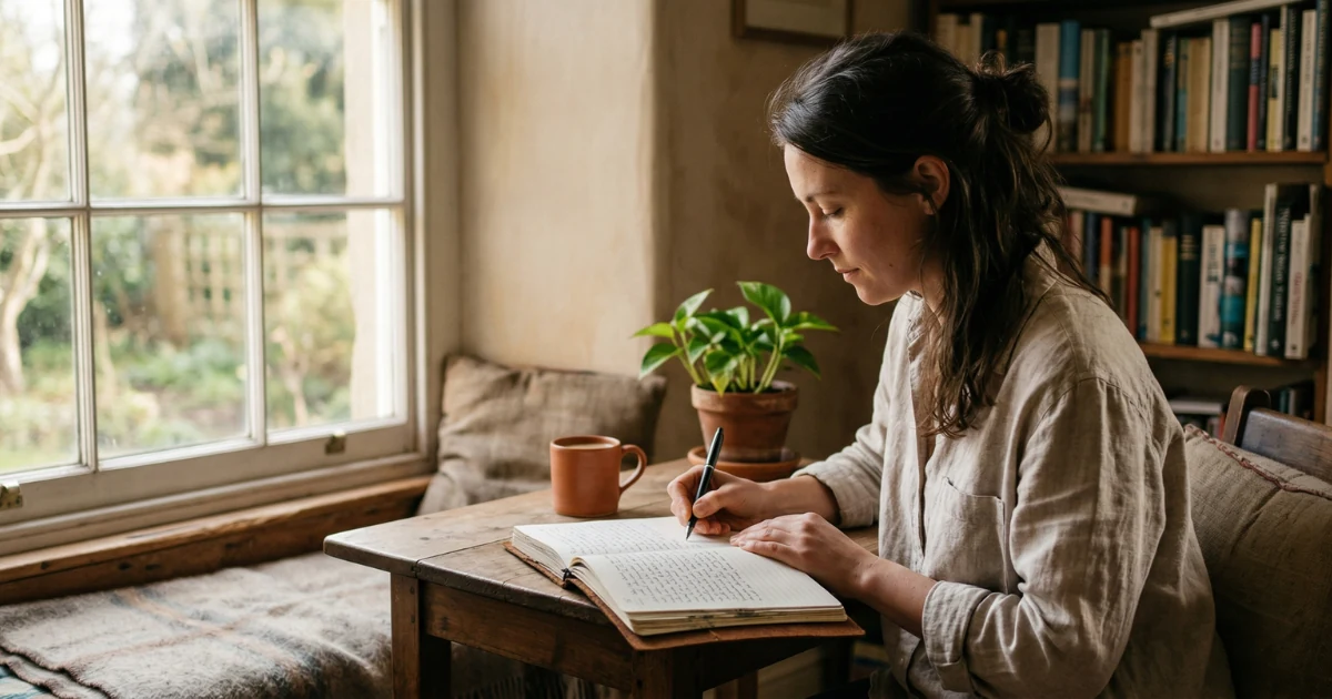 Woman writing in a journal at a wooden table beside a large window with natural light, illustrating journaling as a coping strategy for stress and anxiety.