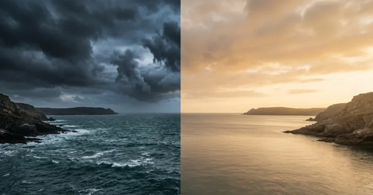 Split coastal landscape showing stormy sea and calm golden water — illustrating the difference between a panic attack and an anxiety attack