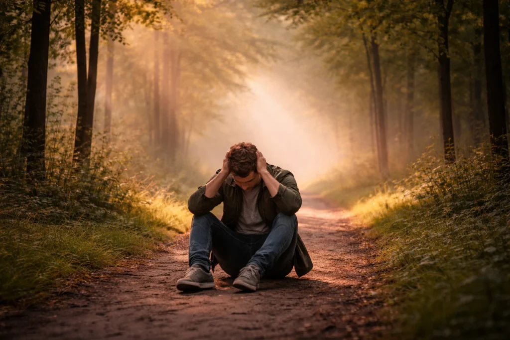 A man sitting alone on a path, experiencing physical symptoms of anxiety like stress and overwhelm