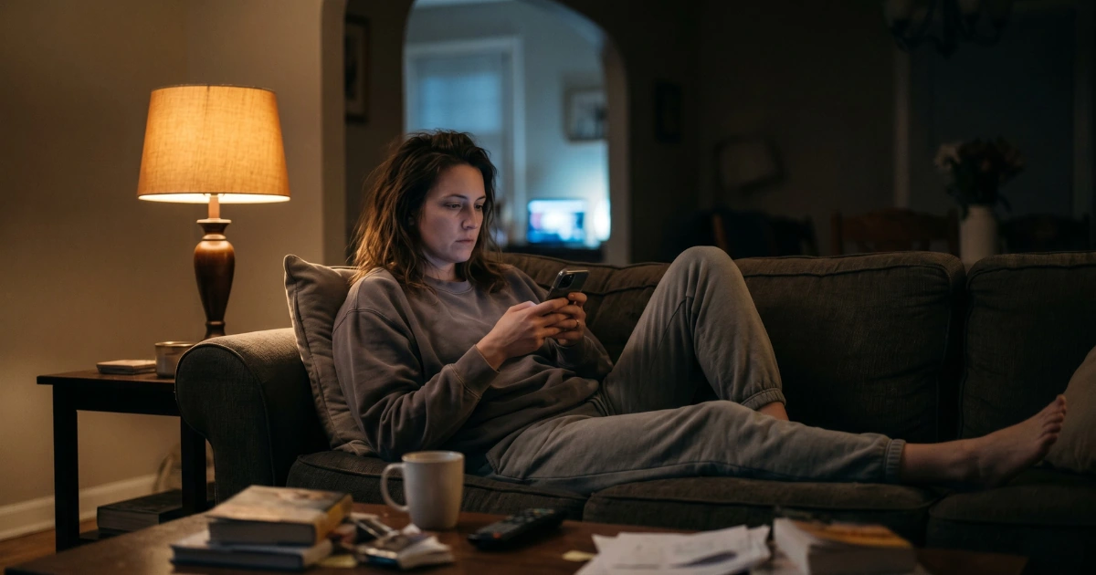 How to have a relaxing night at home scene showing a woman sitting on a couch at night, scrolling on her phone in a dimly lit living room with a lamp and faint screen glow
