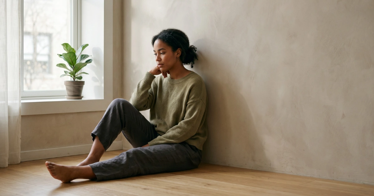 how to improve mental health naturally concept image of person sitting on floor by window in quiet reflection