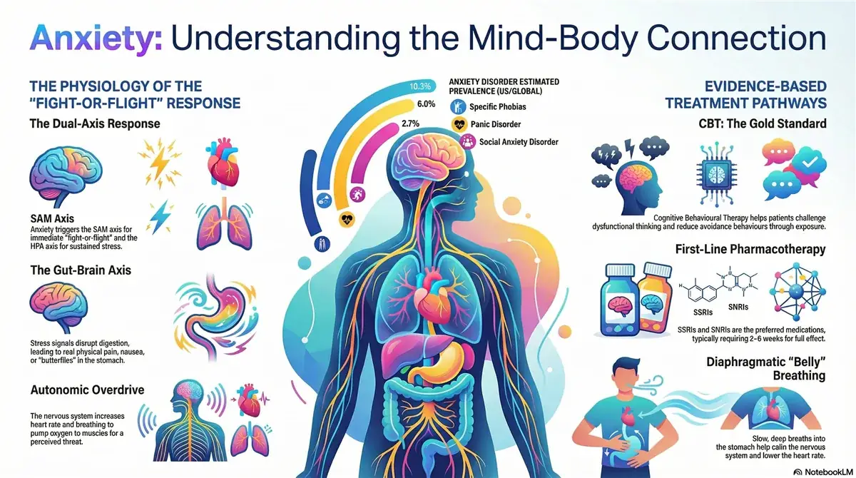 Infographic detailing the physiology of anxiety fight-or-flight response including the dual-axis response, gut-brain axis, and autonomic overdrive, alongside anxiety disorder prevalence statistics and evidence-based treatment pathways including CBT, first-line pharmacotherapy, and diaphragmatic breathing