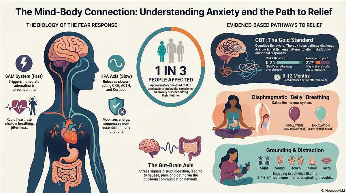 Infographic explaining the mind-body connection in anxiety: the biology of the fear response including the SAM system and HPA axis, the gut-brain axis linking stress to digestion, and evidence-based relief pathways including CBT, diaphragmatic belly breathing, and the 5-4-3-2-1 grounding technique