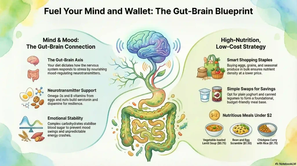 benefits-of-healthy-eating-mind-mood-gut-brain-connection | Many Words One Voice Infographic illustrating the gut-brain connection for healthy eating, showing how the gut-brain axis regulates mood, omega-3s and B vitamins build serotonin and dopamine, and complex carbohydrates stabilise energy, alongside high-nutrition low-cost strategies including smart shopping staples, simple swaps, and nutritious meals under