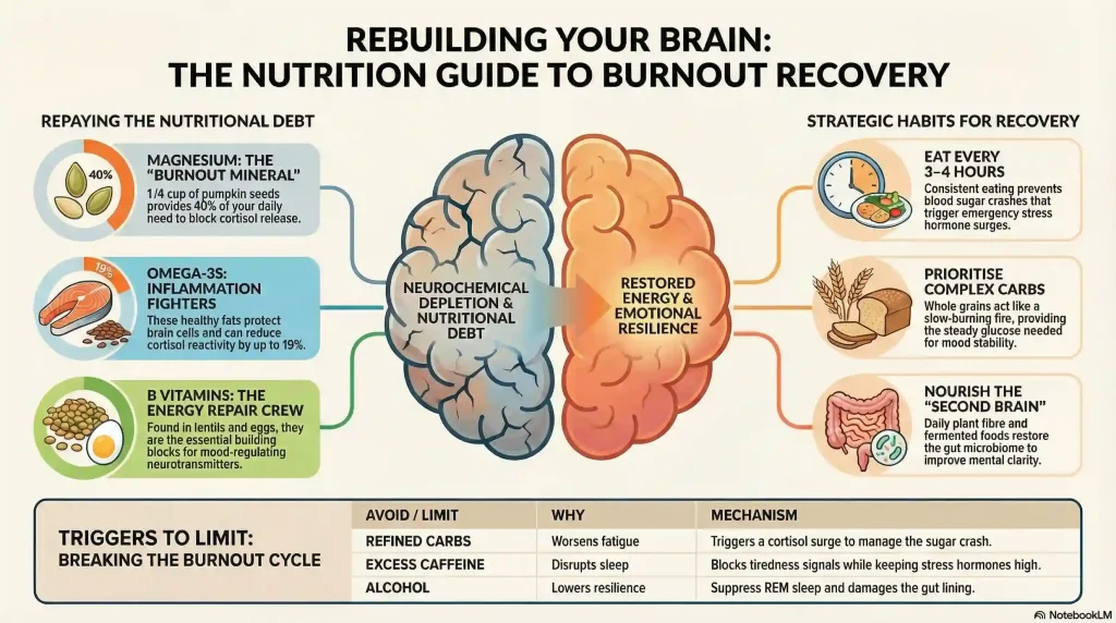 Infographic showing a split brain illustration comparing neurochemical depletion to restored energy, with key nutrients like magnesium, omega-3s, and B vitamins on one side and recovery habits like eating every 3-4 hours and prioritising complex carbs on the other