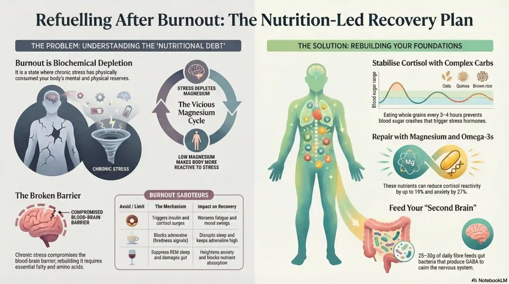 Infographic outlining a nutrition-led burnout recovery plan, showing the vicious magnesium cycle, how chronic stress compromises the blood-brain barrier, and practical solutions including complex carbs for cortisol stability, magnesium and omega-3 supplementation, and gut-supporting fibre