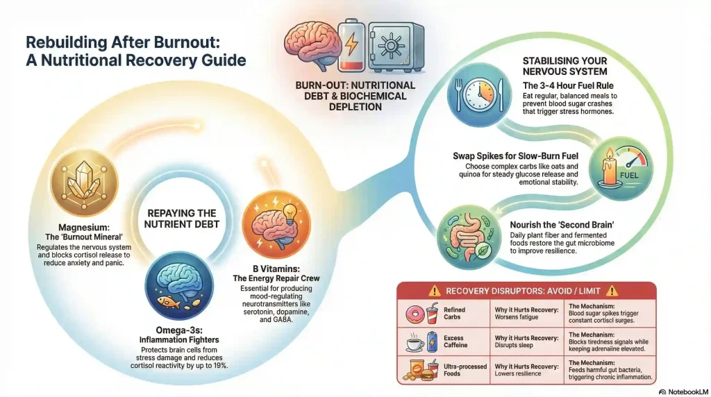Infographic illustrating the path from burnout and nutritional debt to recovery, highlighting magnesium, B vitamins, and omega-3s as essential nutrients alongside strategic habits like the 3-4 hour fuel rule, slow-burn carbs, and nourishing the gut microbiome
