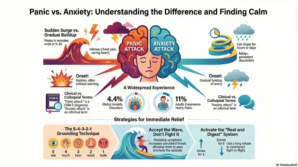 Infographic comparing panic attack vs. anxiety attack, showing panic attacks as sudden onset with high intensity peaking in 10 minutes versus anxiety attacks as gradual buildup lasting hours or days, with the fight-or-flight response at the centre and practical coping strategies including the 5-4-3-2-1 grounding technique and rhythmic breathing