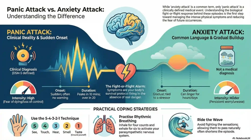 Infographic illustrating panic attack vs. anxiety attack differences with a split brain visual, showing sudden surge versus gradual buildup, DSM-5 clinical versus colloquial terminology, prevalence statistics of 4.4% global anxiety disorders and 11% yearly panic episodes, and immediate relief strategies including grounding, accepting the wave, and activating the rest-and-digest system