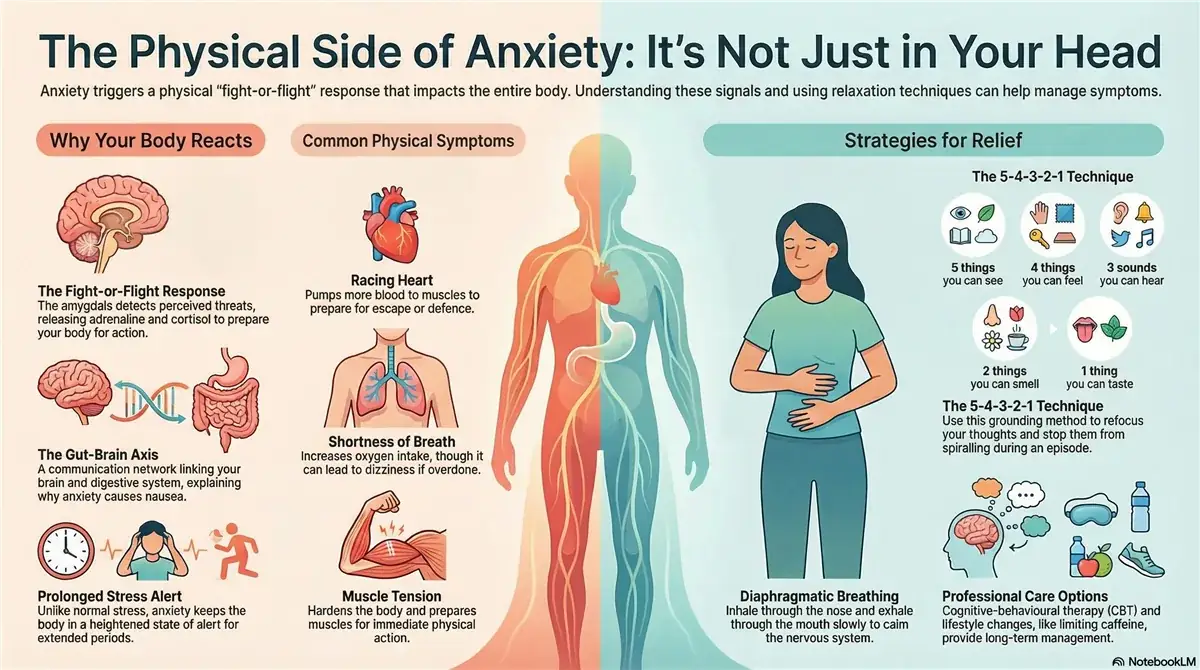 Infographic showing three aspects of physical anxiety: why your body reacts (fight-or-flight response, gut-brain axis, prolonged stress alert), common physical symptoms (racing heart, shortness of breath, muscle tension), and strategies for relief (5-4-3-2-1 grounding technique, diaphragmatic breathing, professional care options like CBT)