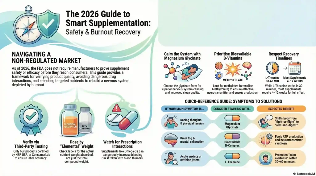 supplements-for-burnout-safety-and-symptom-matching-guide | Many Words One Voice Infographic guiding safe supplements for burnout recovery, covering third-party certification from NSF and USP, elemental vs compound dosing, and prescription interaction warnings, alongside a quick-reference symptom-to-supplement matching guide for racing thoughts, brain fog, and acute anxiety