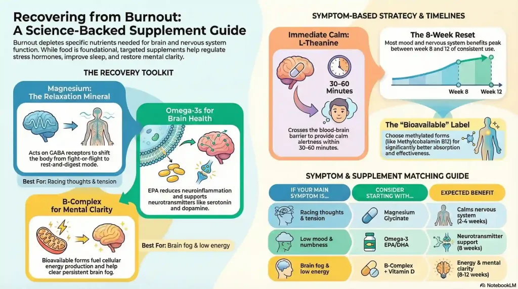 supplements-for-burnout-science-backed-recovery-guide | Many Words One Voice Infographic showing a science-backed supplement guide for burnout recovery, featuring magnesium for relaxation, omega-3s for brain health, and B-complex for mental clarity, with a symptom-to-supplement matching guide and expected timelines