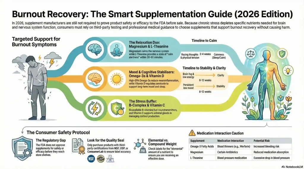 supplements-for-burnout-smart-supplementation-guide- | Many Words One Voice Infographic showing a smart supplementation guide for burnout recovery in 2026, mapping targeted support from magnesium and L-theanine for relaxation to omega-3s and vitamin D for mood stability, with recovery timelines and a consumer safety protocol covering FDA regulation, third-party testing, and medication interactions