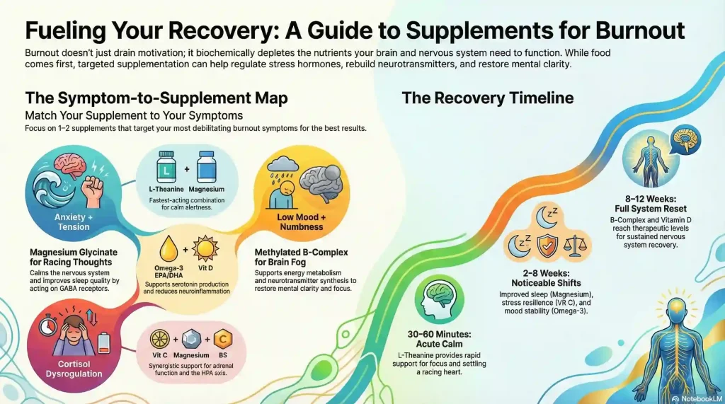 supplements-for-burnout-symptom-map-recovery-timeline | Many Words One Voice Infographic mapping burnout symptoms to targeted supplements, showing magnesium glycinate for racing thoughts, omega-3 and vitamin D for low mood, and methylated B-complex for brain fog, alongside a recovery timeline from 30 minutes to 12 weeks