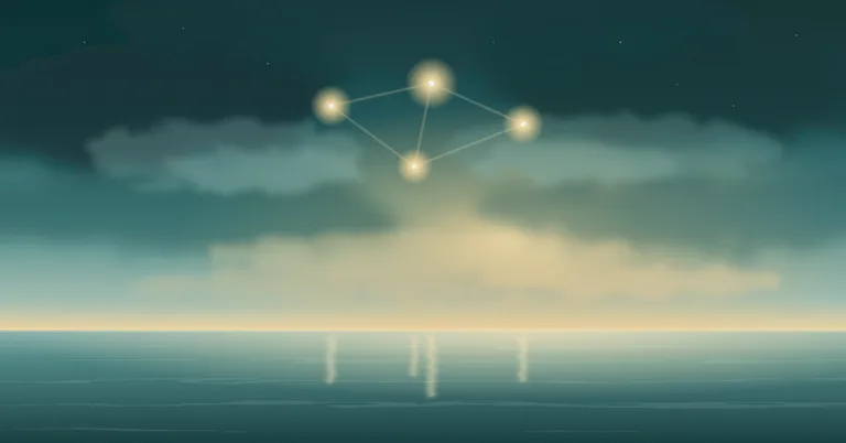 Four softly glowing lights joined like a constellation above a calm sea at dusk, a visual for the brain’s default mode network